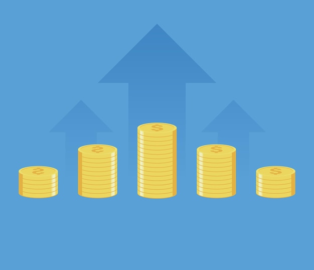 Las monedas de oro de dibujos animados apilan mucho dinero, financian los beneficios comerciales y la riqueza, la moneda de oro, la pila, la ilustración vectorial.