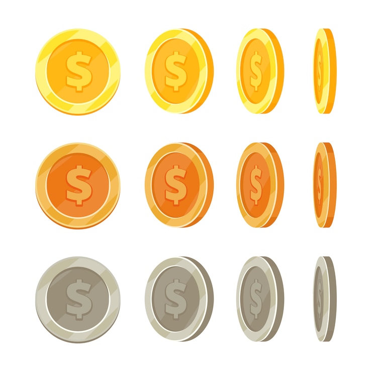 Vector monedas de oro de dibujos animados en diferentes posiciones