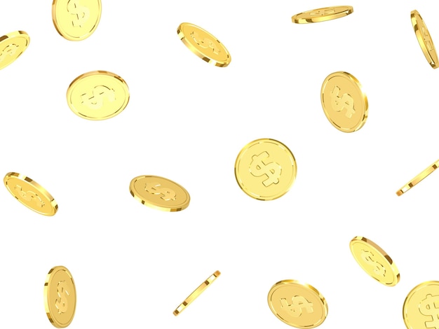 Monedas de oro. Dinero de oro 3D realista aislado en fondo blanco. Moneda de metal de dólar. Ilustración vectorial