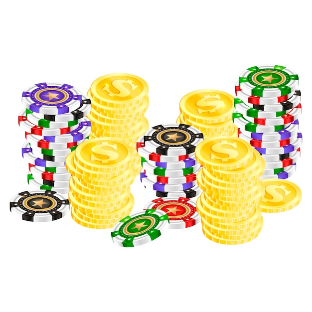 Vector monedas de oro y fichas de juego de casino de colores.