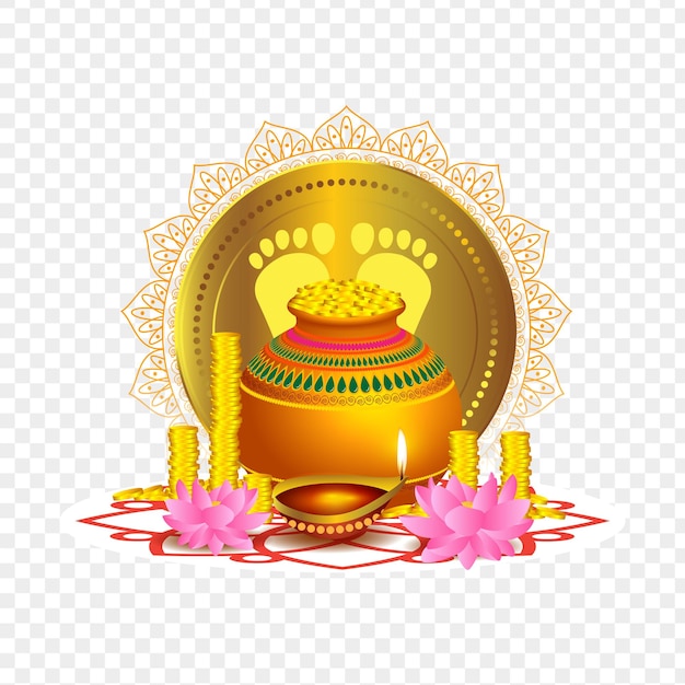 Monedas de oro en una olla con flores y diya en el vector de mandala con fondo transparente