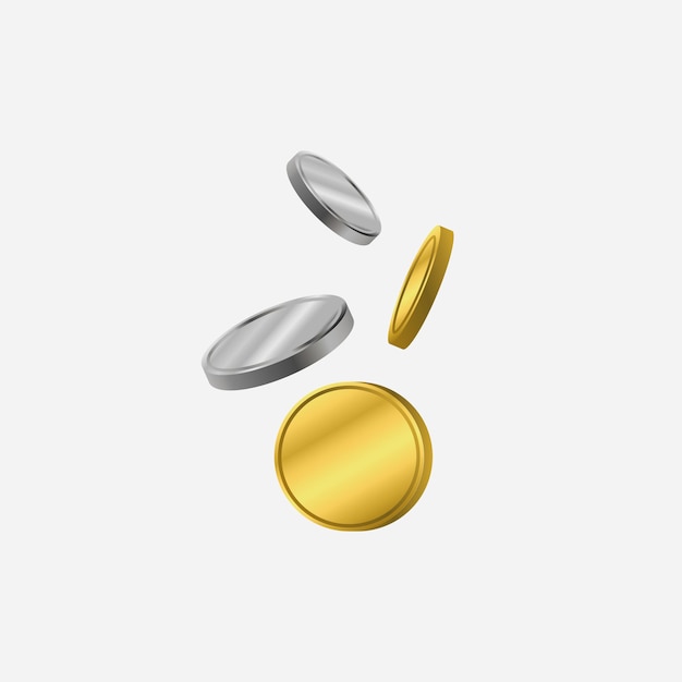 Monedas de oro y plata. Inclinándose hacia abajo de la moneda. Ilustración vectorial.