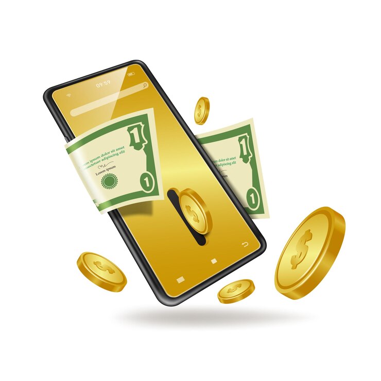 Vector las monedas de oro salieron del compartimiento del teléfono inteligente y flotaron alrededor y había un billete de un dólar en la parte posterior y todos los objetos flotaban en el airvector 3d para el concepto financiero y de pago en línea