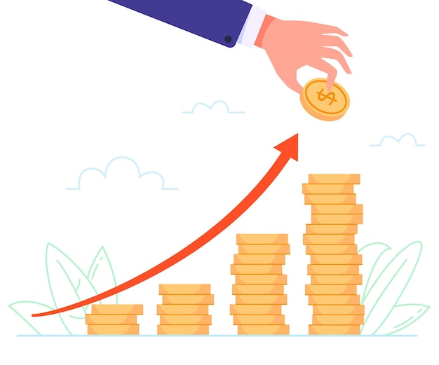 Monedas de pila de mano de dibujos animados pila de conteo de brazos dinero de moneda de oro aumento de ingresos de anualidad inversión financiera gráfico superior finanzas de negocios acumulan ilustración de vector plano de efectivo rico