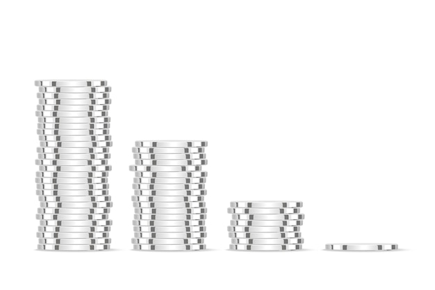 monedas de plata Dinero blanco 3d realista aislado sobre fondo blanco. moneda de dólar de metal. ilustración vectorial