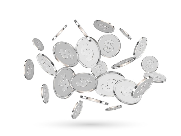 monedas de plata Dinero blanco 3d realista aislado sobre fondo blanco. moneda de dólar de metal. ilustración vectorial