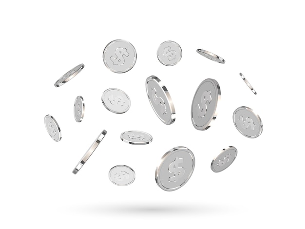 Monedas de plata. Dinero blanco 3D realista aislado sobre un fondo blanco. Moneda de metal de dólar. Ilustración vectorial