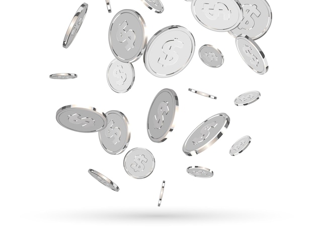Monedas de plata. Dinero blanco 3D realista aislado sobre un fondo blanco. Moneda de metal de dólar. Ilustración vectorial
