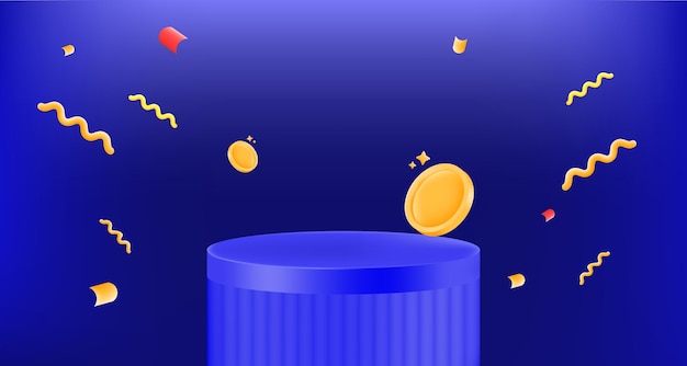 monedas de podio de pedestal azul y confeti vibrante flotando con un fondo azul oscuro promociones