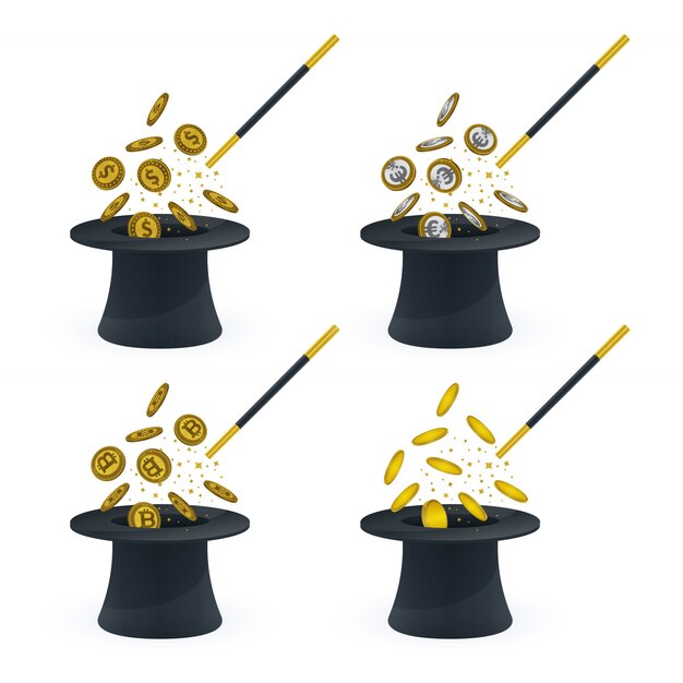 Monedas, varita mágica, sombrero y estrellas mágicas.