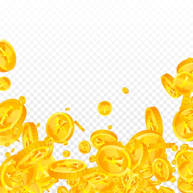 Monedas de yenes japoneses cayendo monedas de JPY de oro dispersas Dinero de Japón Concepto de riqueza o éxito Ilustración de vector cuadrado