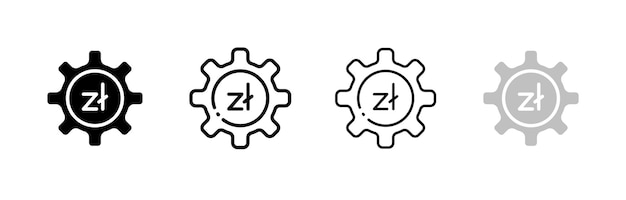 Monedas de Zloty e iconos de engranajes Conjunto de monedas de Zloty dentro de un engranaje Configuraciones del icono Zl Diseño comercial Iconos vectoriales