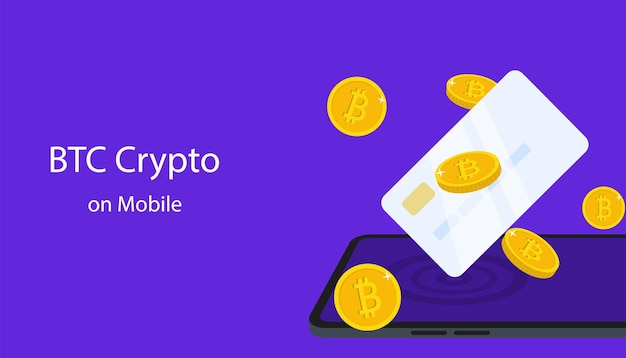 Monedero criptográfico con teléfono inteligente móvil Transacción criptográfica e infografía de banca móvil Compra de moneda criptográfica en un teléfono móvil con tarjeta de crédito Monedero criptográfico para bitcon