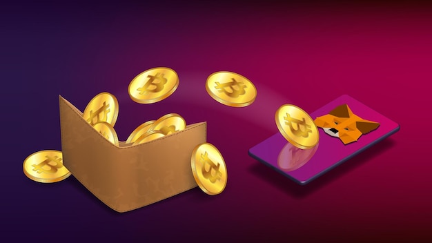 Monedero de criptomonedas con monedas Bitcoin que vuelan a un teléfono móvil isométrico con el logotipo de MetaMask sobre fondo morado Monedero criptográfico para Defi Web3 Dapps y NFT