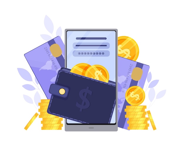 Vector monedero en línea o concepto de pago digital con pantalla de teléfono inteligente, tarjetas de crédito, monedas de dólar.