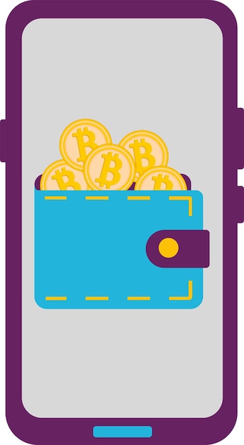 Monedero con monedas de oro bitcoin, en la pantalla del teléfono. Un vector asociado con la criptomoneda. Ilustración de vector plano sobre un fondo blanco.