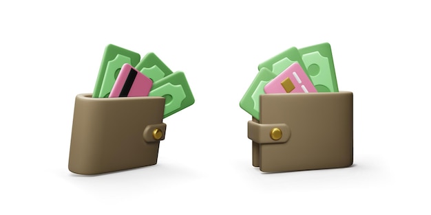 Monedero con papel moneda y tarjeta de crédito en estilo de dibujos animados realistas en diferentes vistas. Monedero 3D con dólares verdes. ilustración vectorial