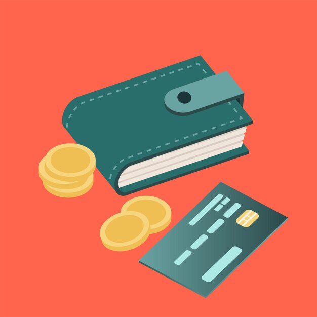 Monedero titular de la tarjeta tarjeta bancaria monedas efectivo Vector plano isométrico ilustración de stock
