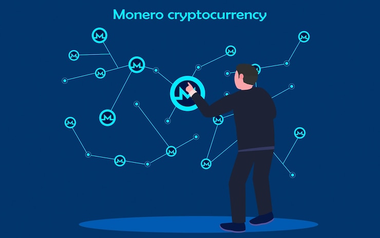 Vector monero coin cryptocurrency businessman observando y analizando el gráfico de distribución de blockchain