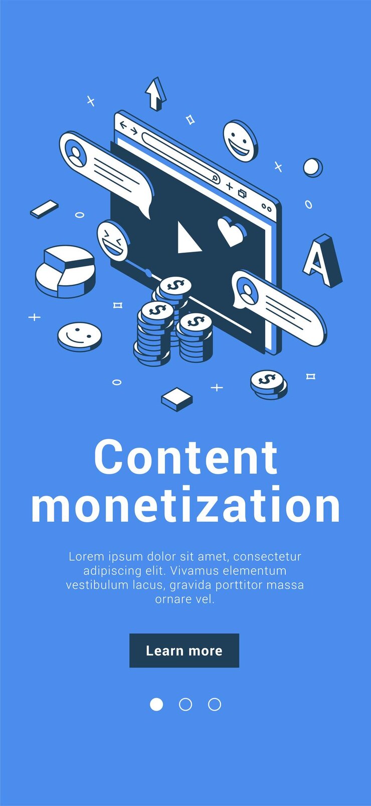 Vector monetización de contenido de blogs de sitios web comercio electrónico en línea servicio de marketing digital aplicación móvil ilustración vectorial isométrica análisis de blog generación de ingresos colocación de anuncios asociación de patrocinadores