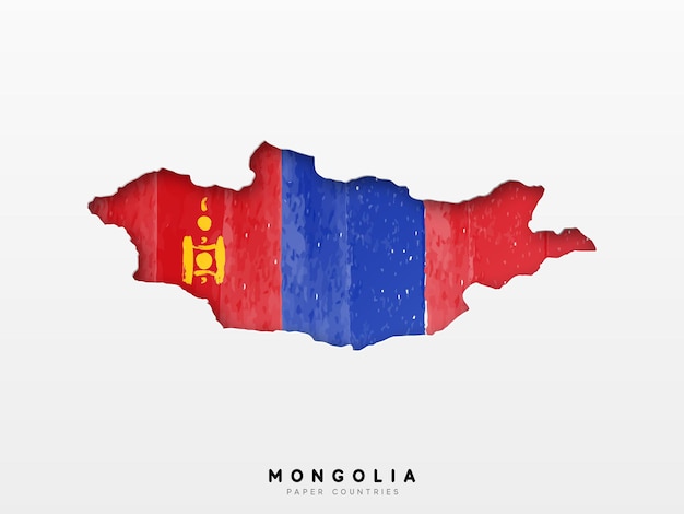 Mongolia mapa detallado con bandera del país. Pintado en colores de pintura de acuarela en la bandera nacional.