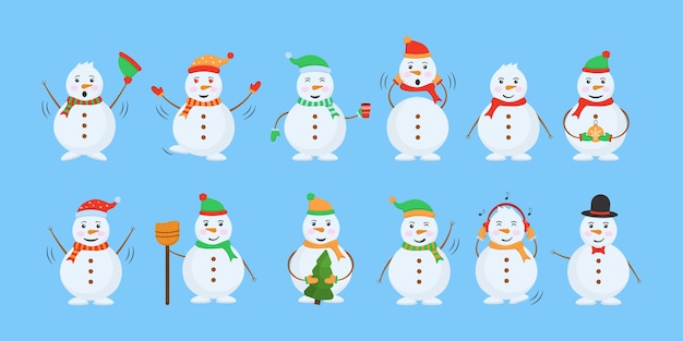 Monigote de nieve. Hombre de nieve divertido con sombrero, bufanda y guantes. Caracteres