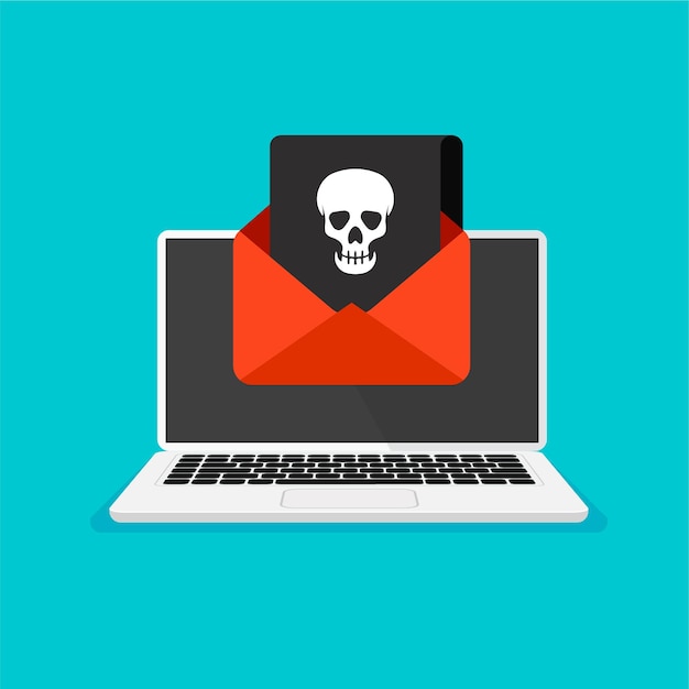 Monitor y advertencia de virus en él hackear correo o computadora icono de calavera en una pantalla