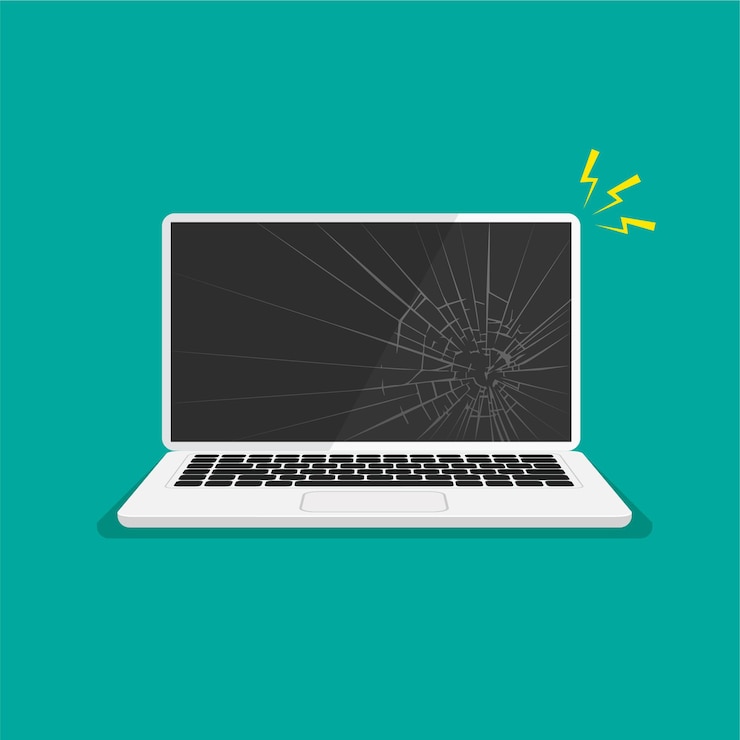 Vector monitor agrietado pantalla de computadora portátil rota negra reparar computadora ilustración vectorial