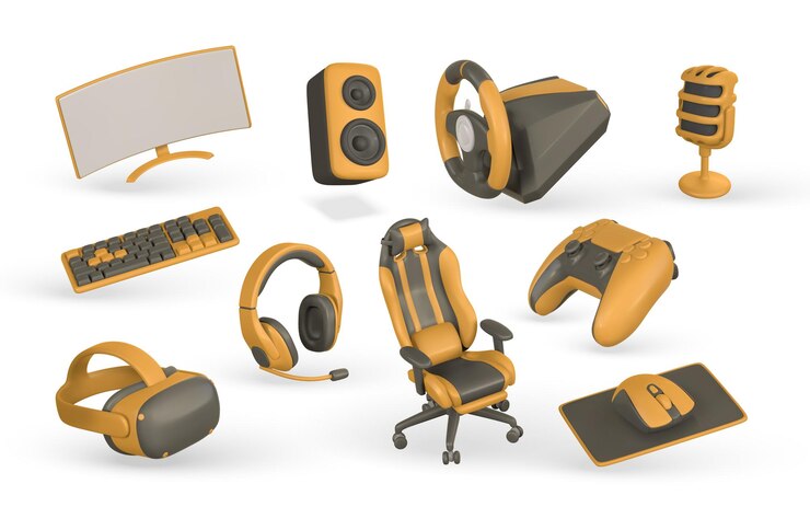Vector monitor altavoz volante teclado ratón micrófono auriculares silla vr gafas juego pad vector