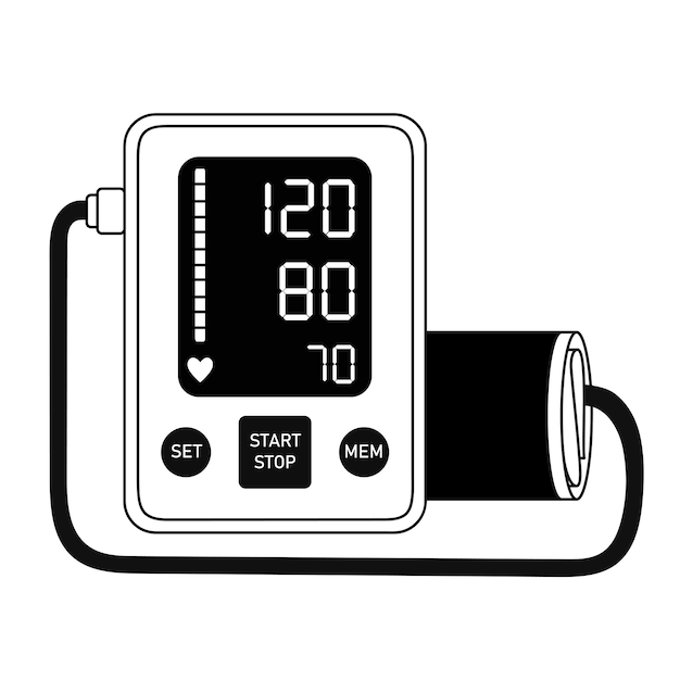 Monitor automático de presión arterial con icono de línea de manguito aislado en el vector del monitor de presión arterial blanca
