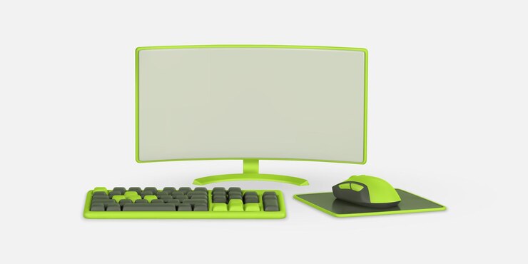 Vector monitor de computadora 3d realista y ratón de teclado con almohadilla en estilo de dibujos animados ilustración vectorial