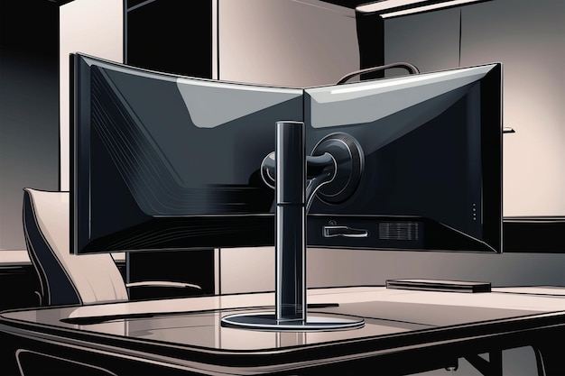 un monitor de computadora con una base negra y una caja negra en la parte inferior