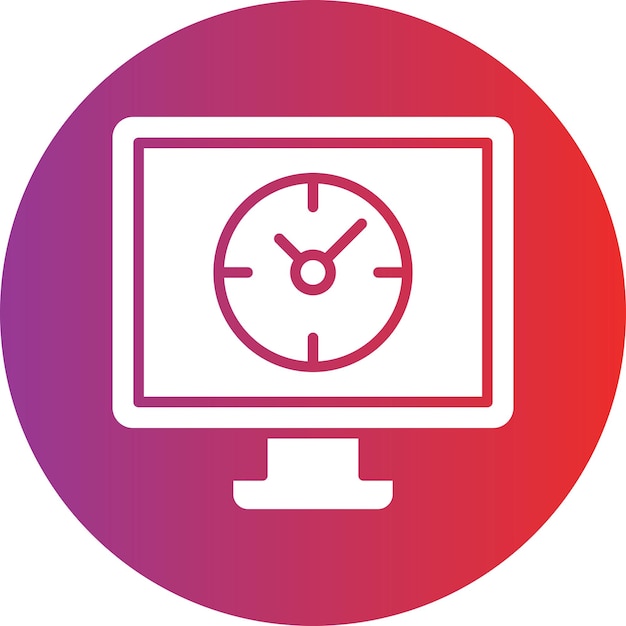 un monitor de computadora blanco y rosa con un círculo rojo y púrpura con un reloj en él