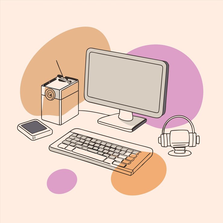 Vector un monitor de computadora y una caja de pañuelos con un círculo rosa y púrpura en la parte superior