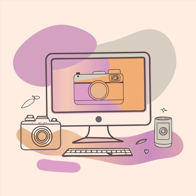 un monitor de computadora con una cámara en el frente y una imagen de una cámara en la izquierda