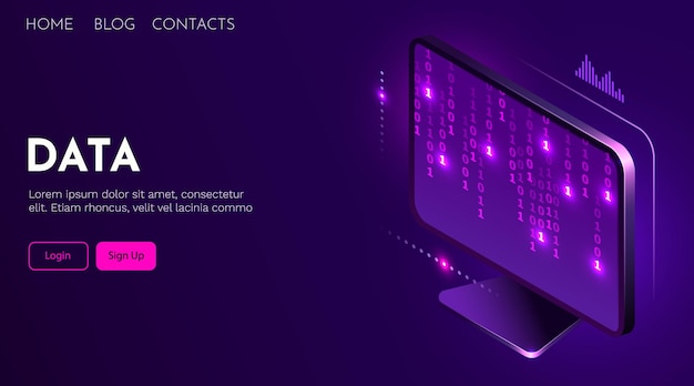 Monitor de computadora con datos binarios Desarrollo o concepto de seguridad cibernética Ilustración vectorial