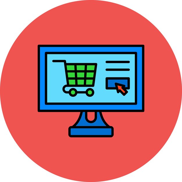un monitor de computadora con un fondo azul y un círculo rojo con un carrito de compras en el medio