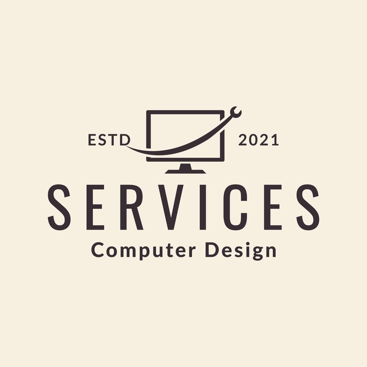 Vector monitor de computadora con línea de servicio de llave inglesa, diseño de logotipo, símbolo gráfico vectorial, ilustración de signo de icono