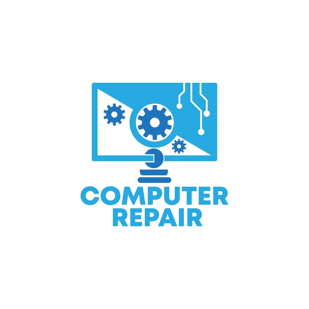 un monitor de computadora con un logotipo azul que dice reparación de computadoras