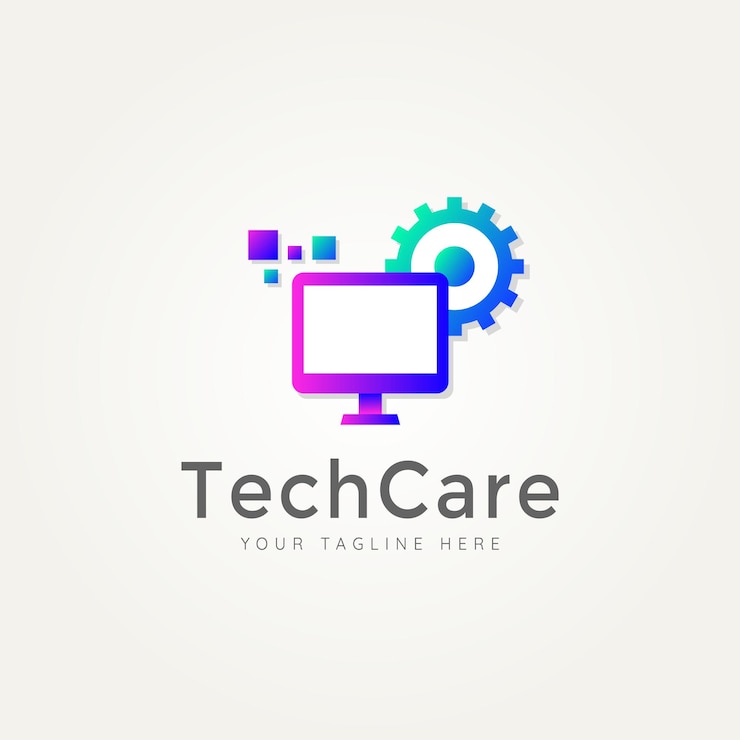 Vector monitor de computadora de logotipo plano minimalista de servicio técnico con símbolo de reparación y diseño de ilustración de vector de logotipo de color degradado