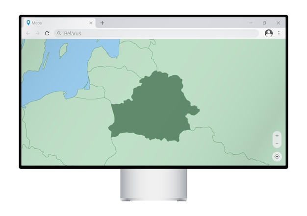 Monitor de computadora con mapa de Bielorrusia en el navegador, busque el país de Bielorrusia en el programa de mapas web.