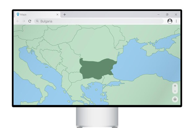 Monitor de computadora con mapa de Bulgaria en el navegador, busque el país de Bulgaria en el programa de mapas web.