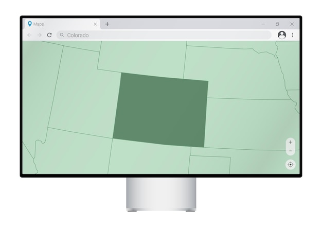 Vector monitor de computadora con mapa de colorado en la búsqueda del navegador para el país de colorado en el programa de mapeo web