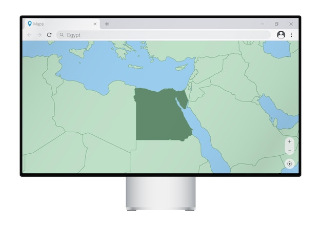 Monitor de computadora con mapa de egipto en el navegador, busque el país de egipto en el programa de mapas web.