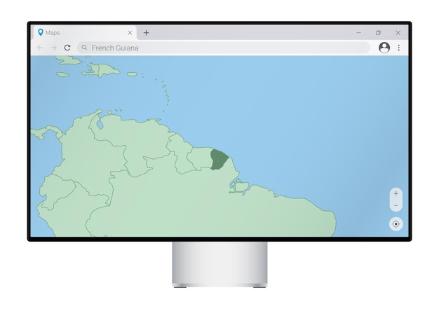 Monitor de computadora con mapa de la guayana francesa en el navegador, busque el país de la guayana francesa en el programa de mapas web.