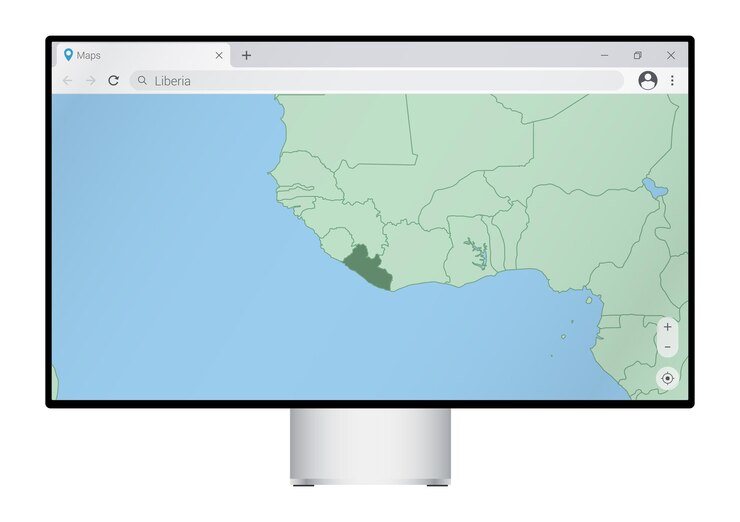 Vector monitor de computadora con mapa de liberia en la búsqueda del navegador para el país de liberia en el programa de mapeo web plantilla vectorial
