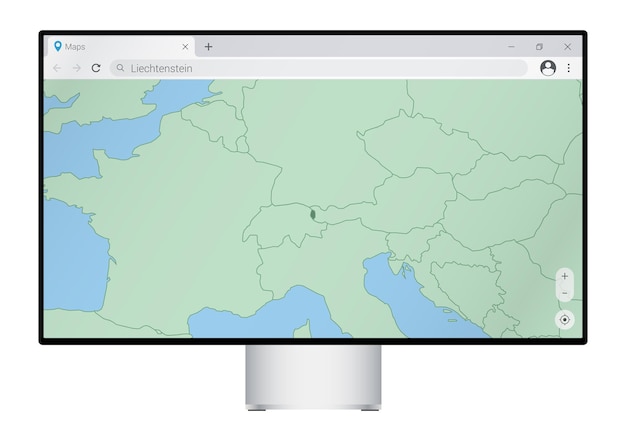 Monitor de computadora con mapa de Liechtenstein en el navegador, busque el país de Liechtenstein en el programa de mapas web.