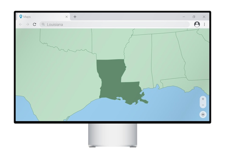 Vector monitor de computadora con mapa de luisiana en la búsqueda del navegador