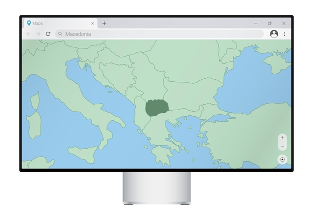 Monitor de computadora con mapa de macedonia en el navegador, busque el país de macedonia en el programa de mapas web.