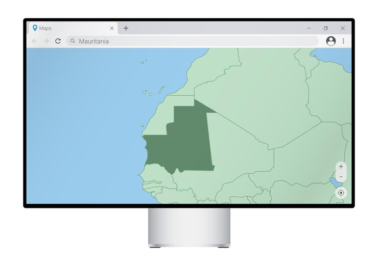 Vector monitor de computadora con mapa de mauritania en el navegador, busque el país de mauritania en el programa de mapas web.